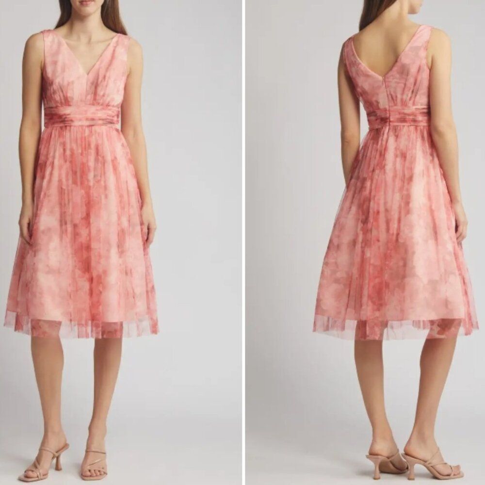 Eliza J Coral Pink Watercolor Midi Dress - like new condition